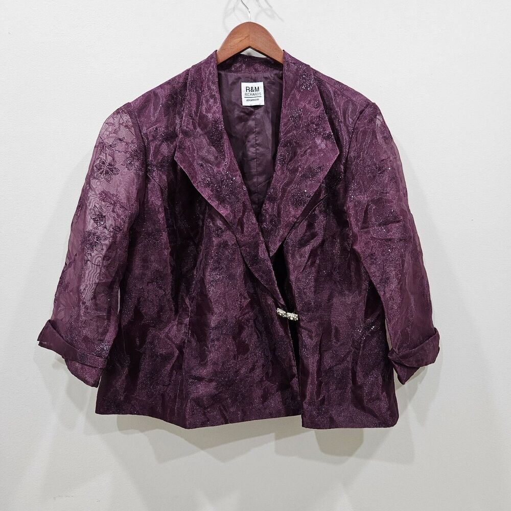 R&M Richards Womens Sheer Glitter Jacket XL Purple Burnout Romantic Holiday